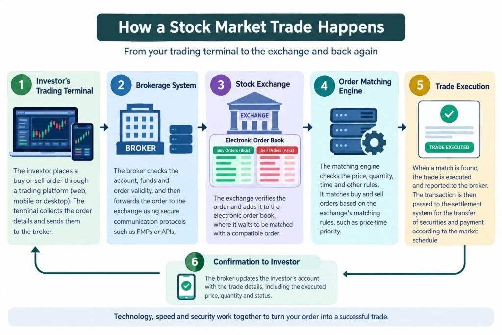 Diagram explaining how trading platforms connect investors, brokers, stock exchanges, and order matching engines.
