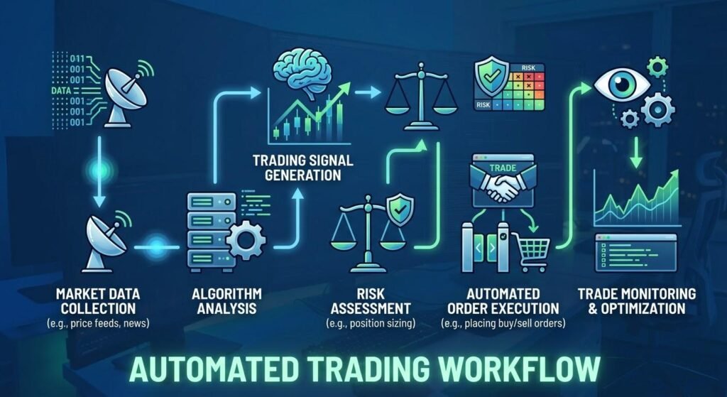Algorithmic Trading Explained: How Computer Algorithms Execute Financial Market Trades 2 Diagram illustrating how algorithmic trading processes market data, generates signals, checks risks, and executes trades automatically.