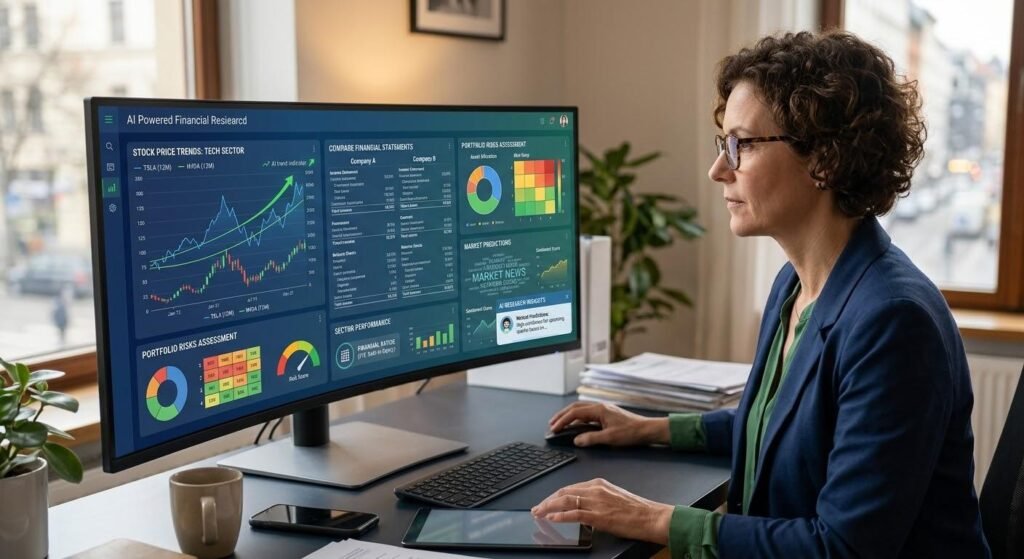 How Artificial Intelligence Is Changing Stock Market Analysis and Investment Decisions 2 Investor using AI financial research tools to analyze stock trends, company performance, and investment risks.