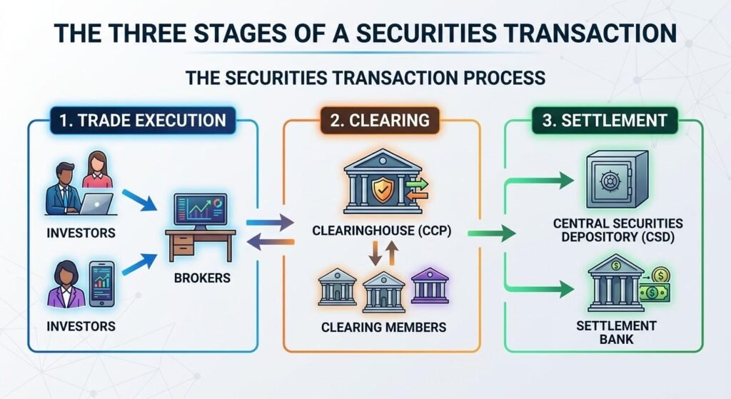 What Is Financial Market Infrastructure? Understanding Trading, Clearing and Settlement Systems 2 Diagram explaining the trading, clearing, and settlement process in financial market.