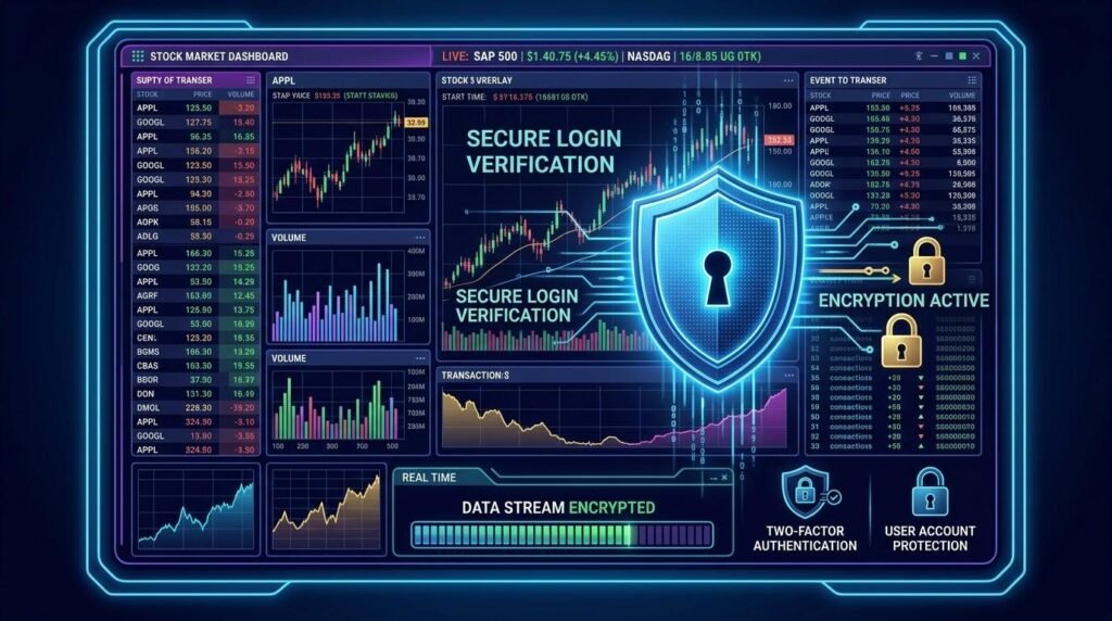 Cybersecurity measures protecting financial market data, online trading systems, and investor accounts.