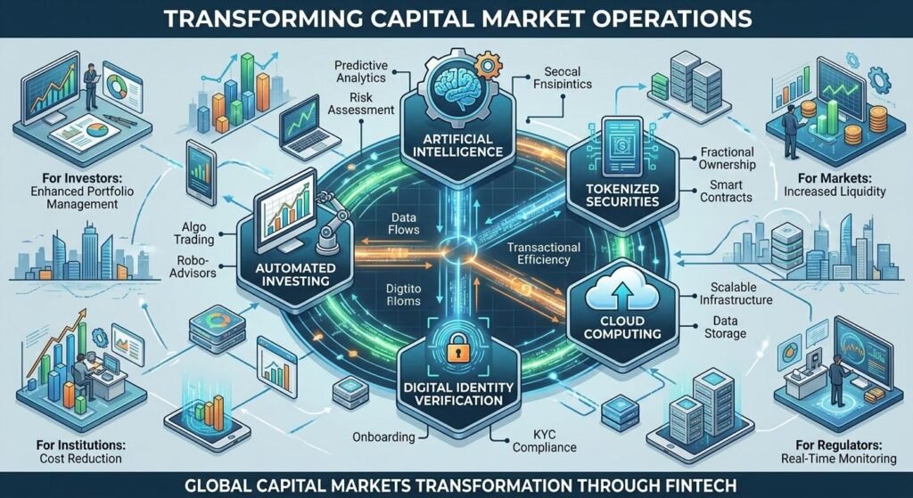 Key FinTech technologies transforming capital markets through AI, blockchain, cloud computing, and automated investing.