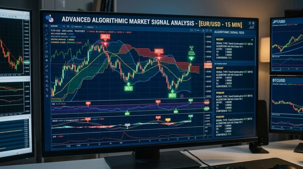 Forex trading algorithms analyzing currency prices and market data.
