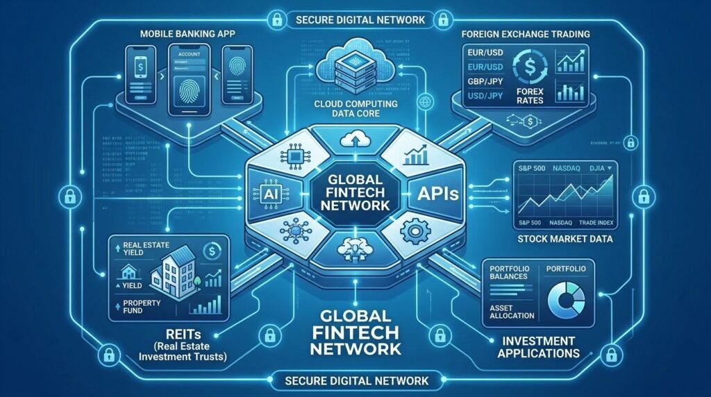 Financial technology systems connecting banking, forex trading, stock markets, investing, and REITs.