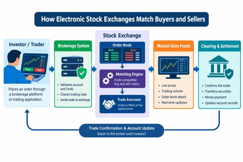 Electronic stock market exchange matching buy and sell orders through a trading engine.