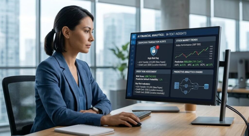 Artificial Intelligence in Finance: Fraud Detection, Algorithmic Trading and Risk Analysis 2 Artificial intelligence powered financial analytics dashboard showing fraud detection, stock market trends, and credit risk assessment.
