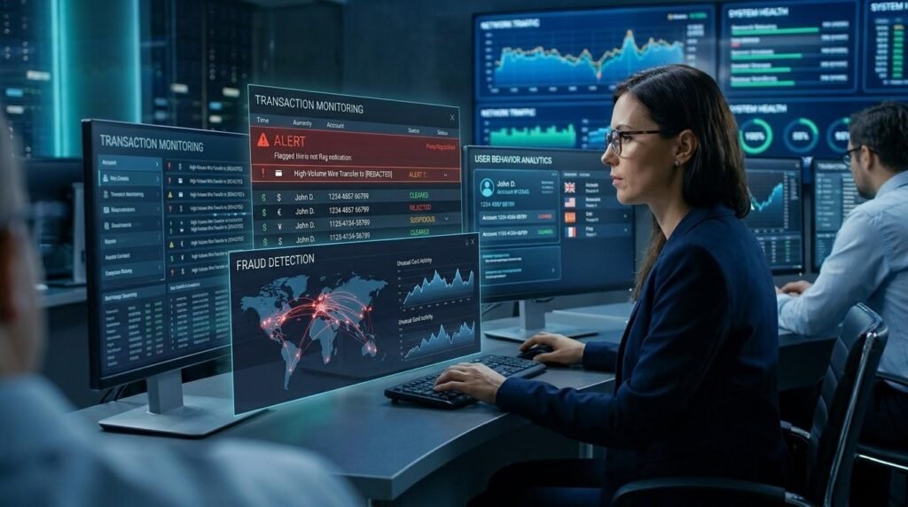 Financial Cybersecurity Explained: How Banks and Investment Platforms Protect Your Money 2 Cybersecurity analyst monitoring banking transactions and detecting financial fraud.