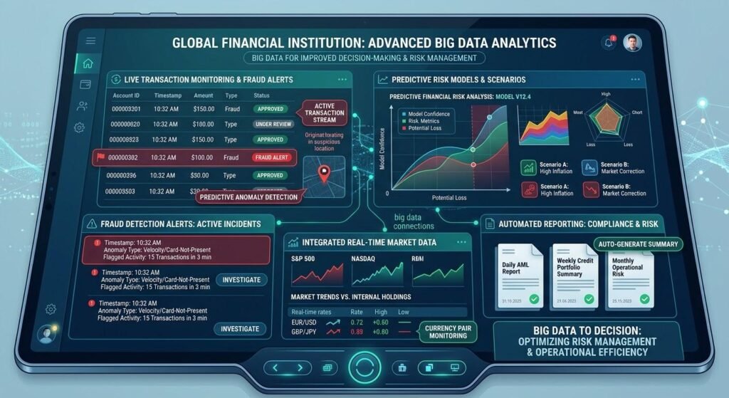 Financial data analytics dashboard displaying real-time banking transactions, fraud detection, and predictive financial risk analysis.