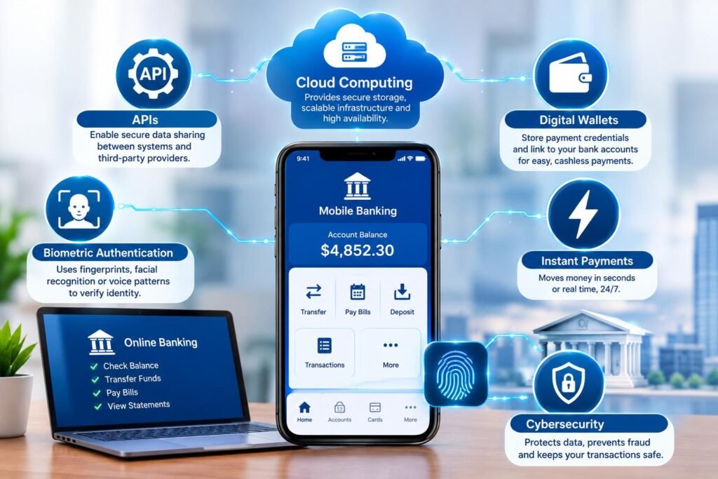 Digital banking technologies connecting mobile apps, cloud computing, APIs, biometric security, and instant payments.
