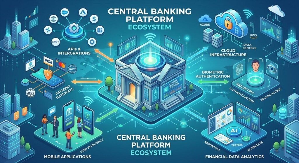 Diagram showing how FinTech technologies work together to support modern financial institutions.

