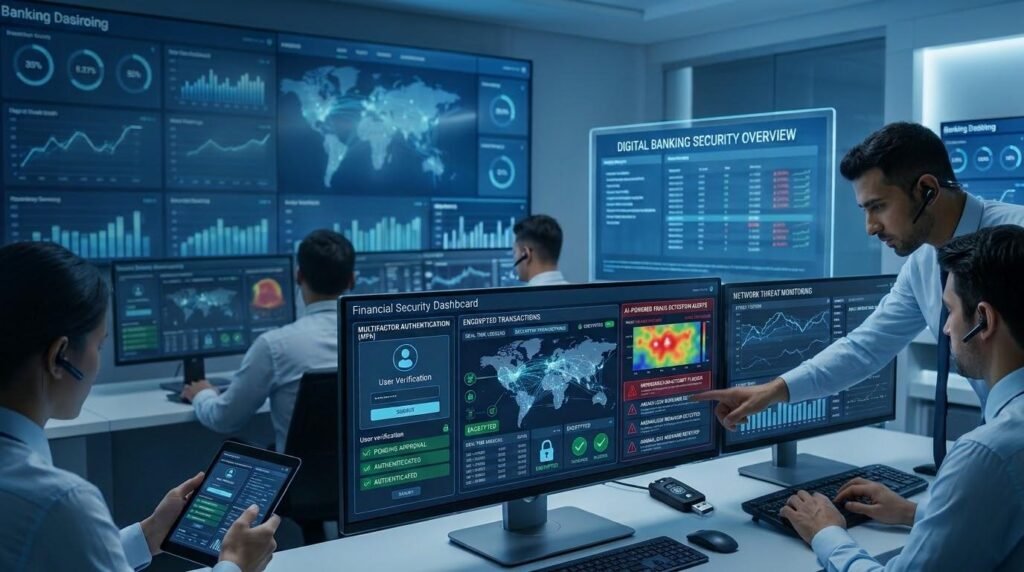 Financial institutions using AI fraud detection, encryption, and multifactor authentication to enhance cybersecurity.
