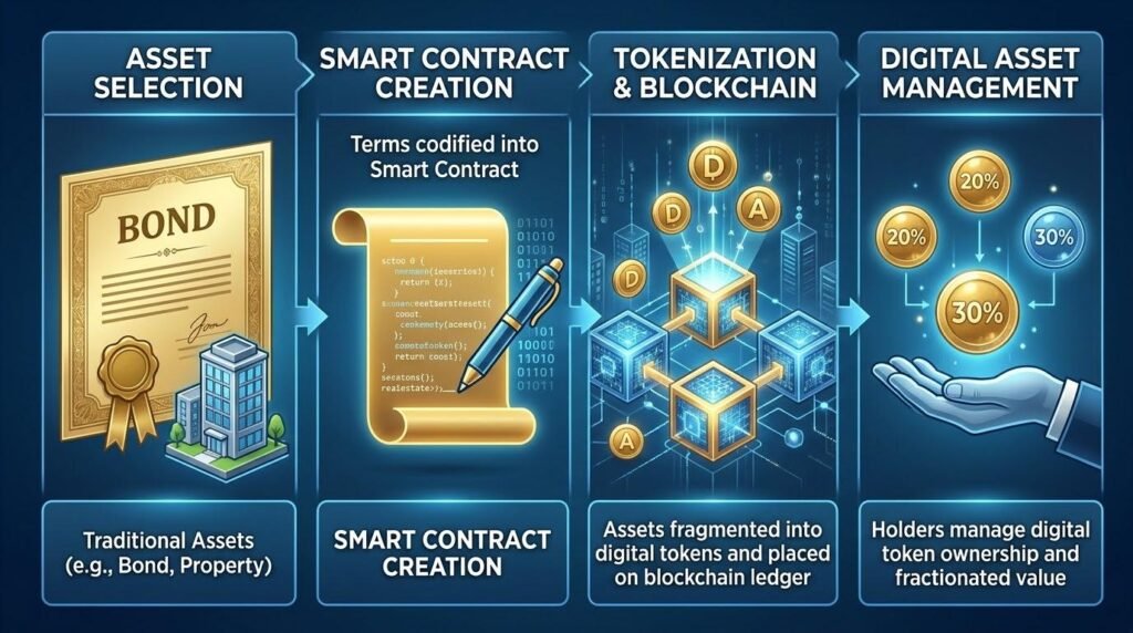 Illustration explaining how blockchain tokenization represents financial assets as digital tokens for secure transactions and settlement.
