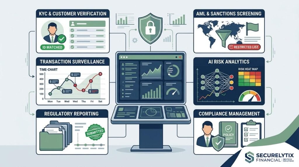 Key RegTech applications including KYC verification, AML monitoring, sanctions screening, transaction surveillance, and regulatory reporting.
