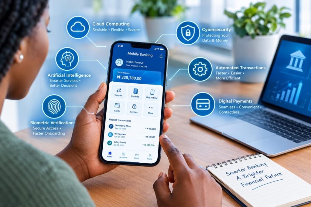 Digital Banking Trends: How Technology Is Reshaping Modern Banking 2 Digital banking technologies including artificial intelligence, cloud computing, biometric verification, and automated financial transactions.