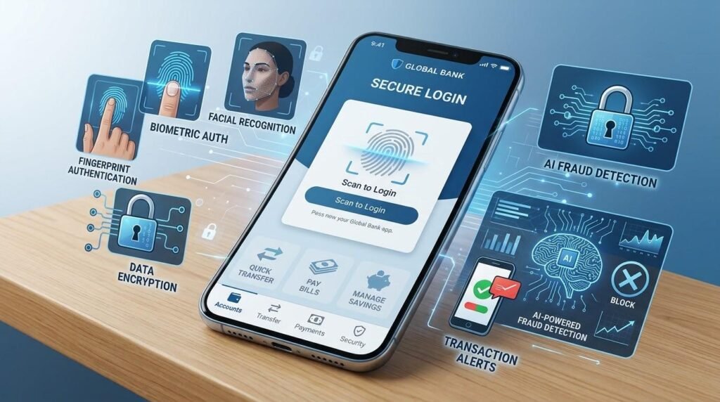 Mobile Banking Apps: Features, Benefits, Security, and Everyday Uses 2 Mobile banking app security features including biometric authentication, encryption, transaction alerts, and fraud detection.