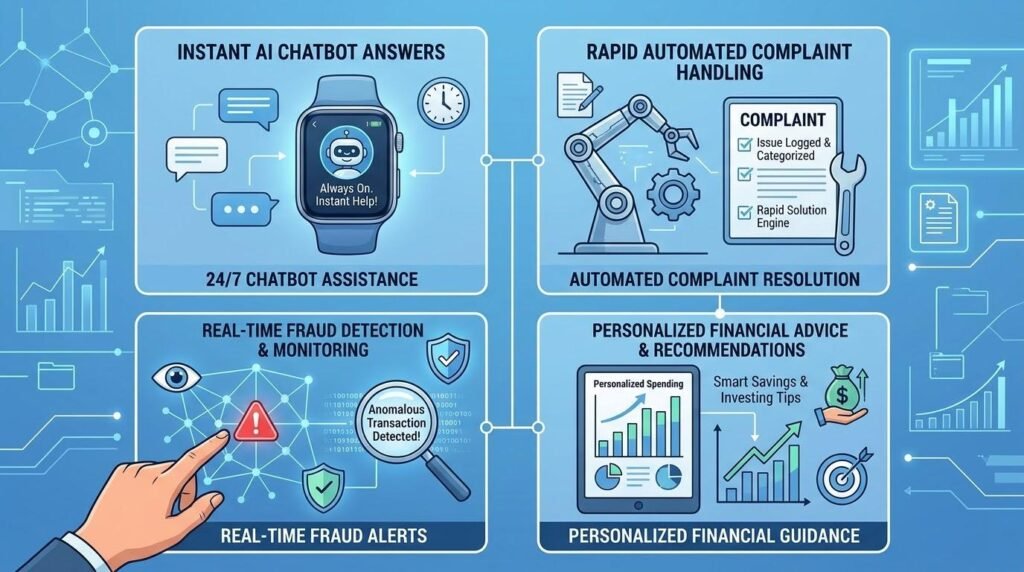 Banking AI chatbots features including 24-hour customer support, automated complaints, personalized recommendations, and fraud detection.
