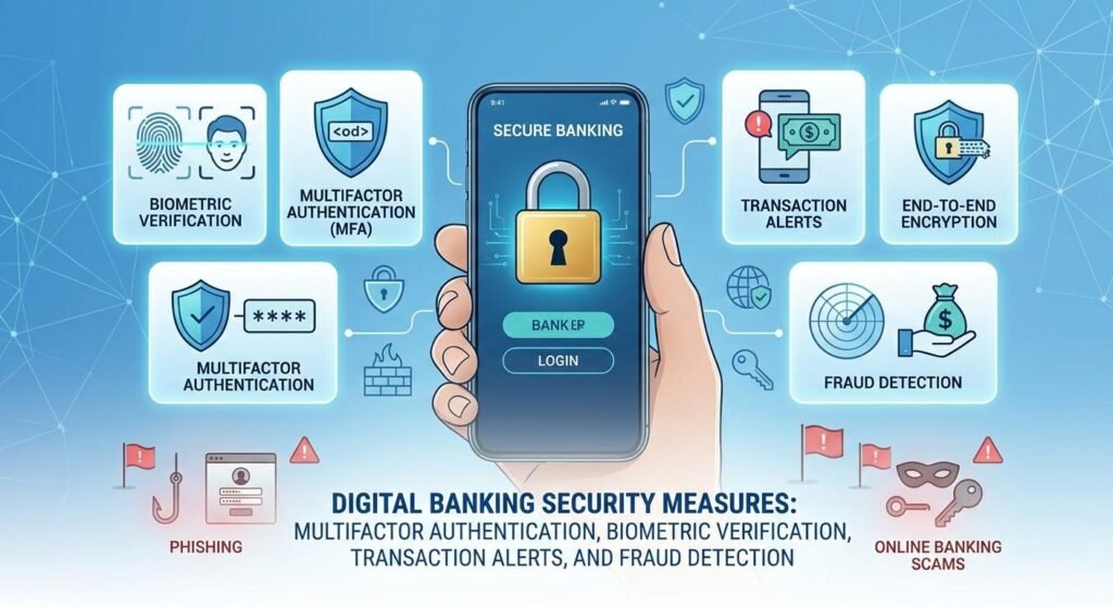 Digital banking security measures including multifactor authentication, biometric verification, transaction alerts, and fraud detection.
