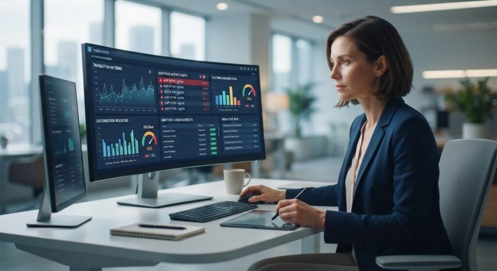 AI system analyzing financial transactions for AML compliance
