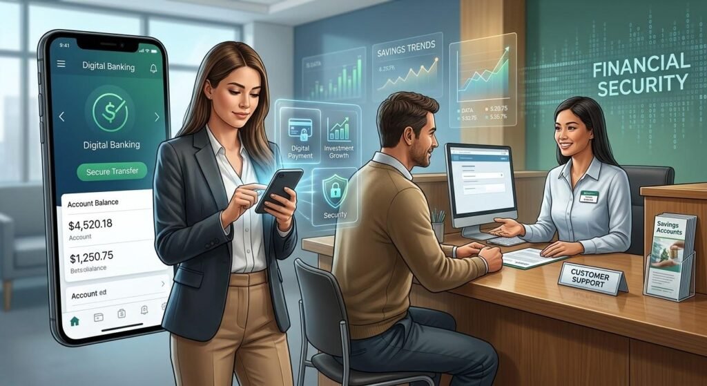 Comparison of digital banking services and traditional bank customer support.
