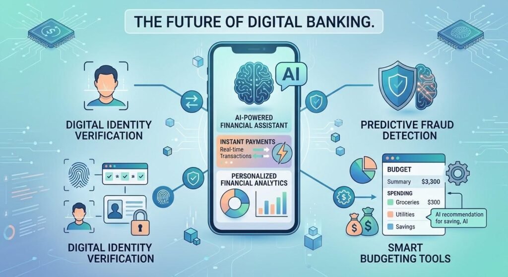 The future of digital banking featuring AI assistants, instant payments, and personalized financial services.
