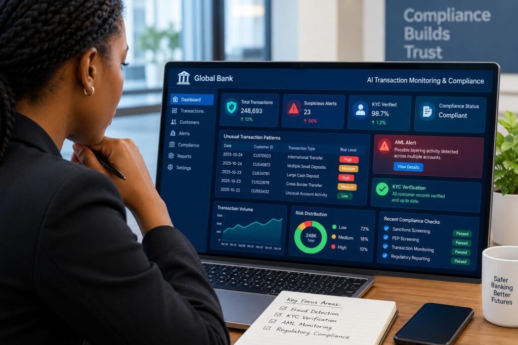 AI transaction monitoring system detecting suspicious banking activities and supporting regulatory compliance.
