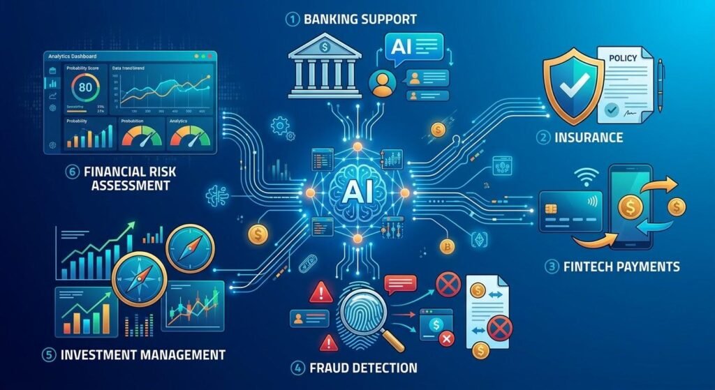 Applications of artificial intelligence in banking, insurance, digital payments, fraud detection, and investment management.

