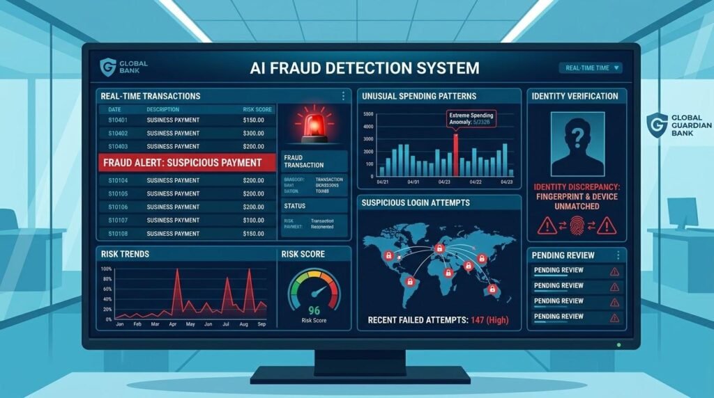 AI fraud detection dashboard analyzing suspicious banking transactions and unusual account activity.
