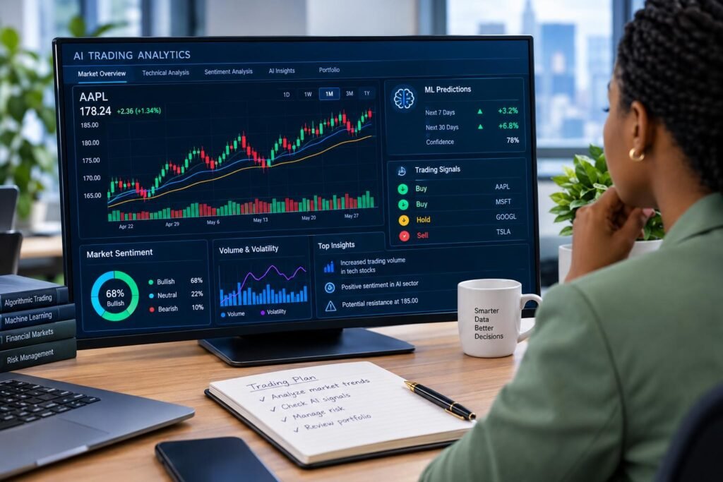 Machine learning analyzing stock market data for automated trading and price pattern recognition.

