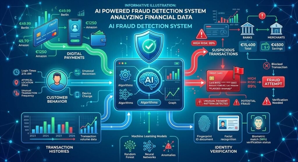Alt: AI powered fraud detection analyzing transaction patterns, customer behavior, and suspicious payments in financial services.
