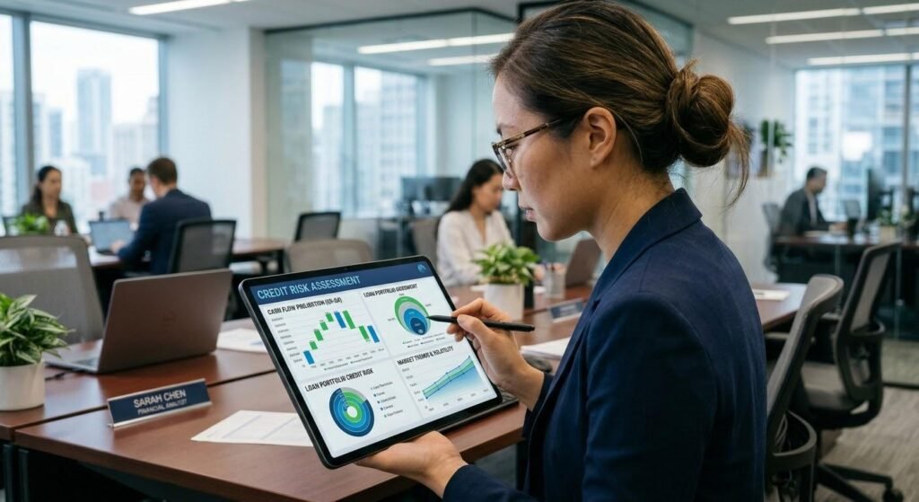 Financial analyst using predictive analytics for cash flow forecasting, credit risk assessment, and financial decision making.
