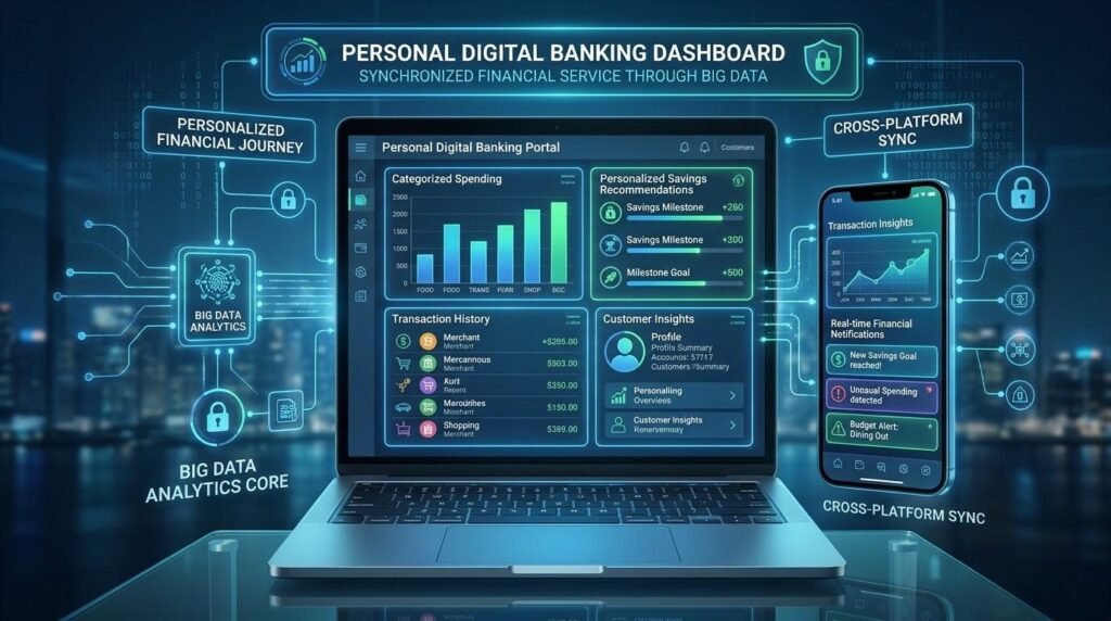Digital banking dashboard using big data to provide personalized financial recommendations and spending insights.

