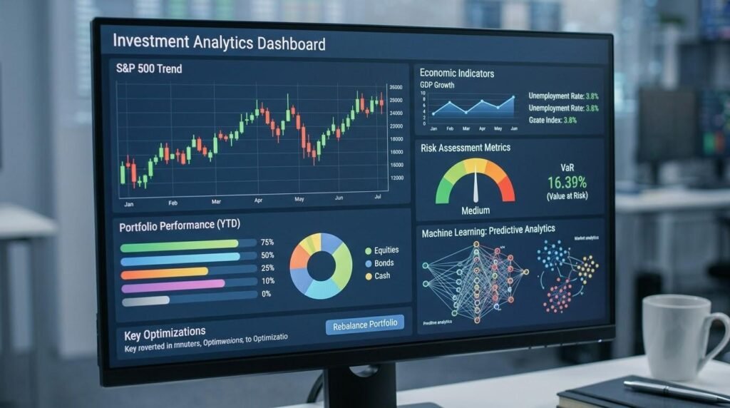Big data analytics and machine learning dashboard showing stock market trends, portfolio performance, and investment risk assessment.
