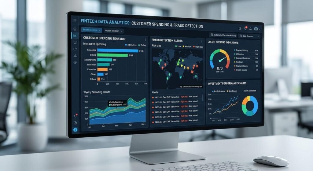 Big Data in FinTech: How Financial Technology Companies Use Data to Drive Innovation 2 FinTech data analytics dashboard illustrating fraud detection, credit scoring, customer spending patterns, and investment analysis.