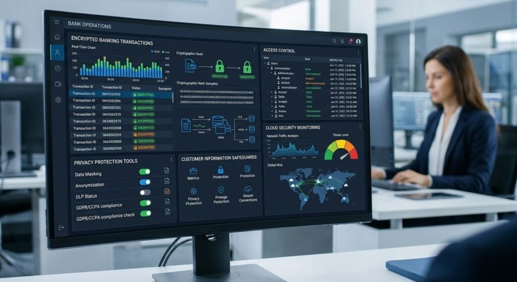 Banking data security dashboard showing encrypted transactions, access controls, and customer privacy protection.
