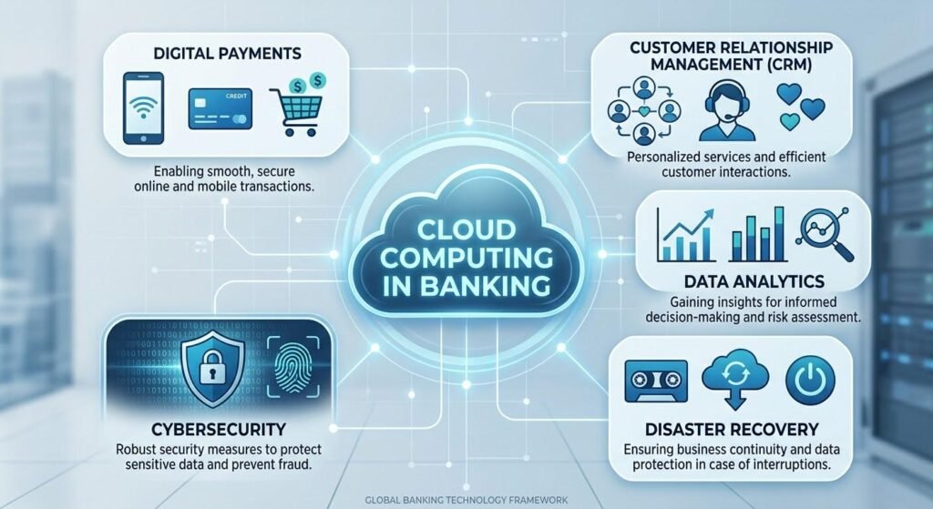 Key applications of cloud computing in banking, including digital payments, data analytics, cybersecurity, and disaster recovery.
