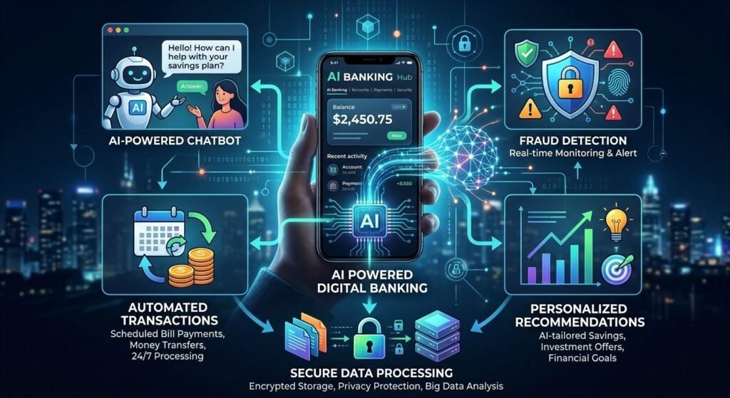 How artificial intelligence improves digital banking through automation, fraud detection, personalized services, and security monitoring.
