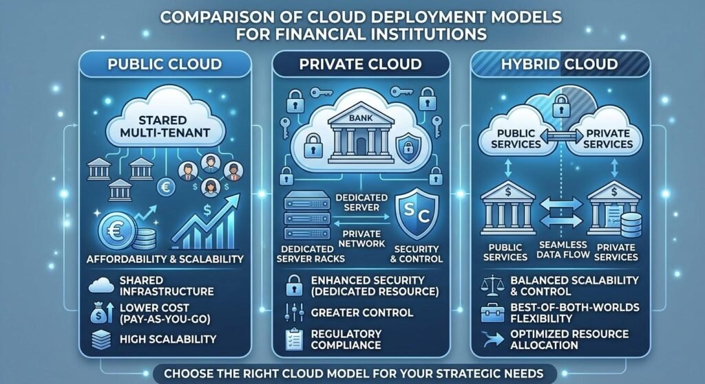 Comparison of public, private and hybrid cloud computing based on cost, scalability, security and control.
