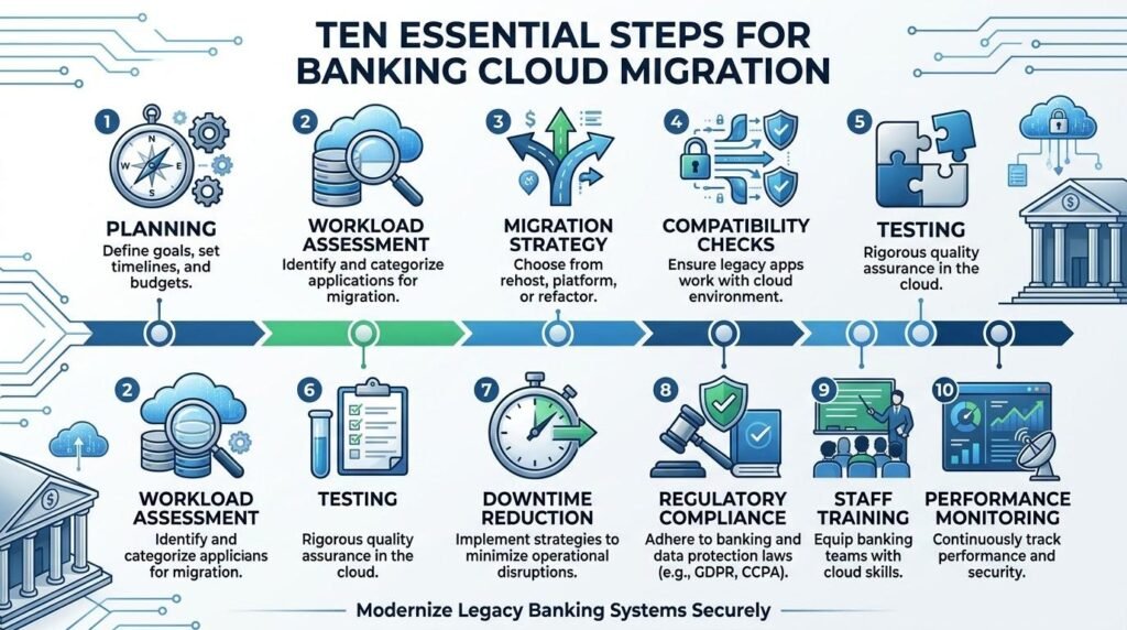 Ten-step cloud migration process for banks to modernize legacy banking systems securely.
