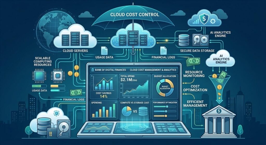 Financial institutions monitoring cloud computing resources and controlling technology expenses.
