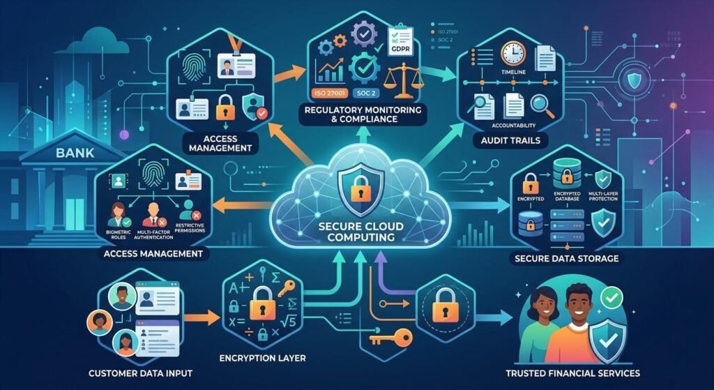 Cloud compliance and security measures protecting customer data in financial institutions through encryption, access management, and regulatory monitoring.
