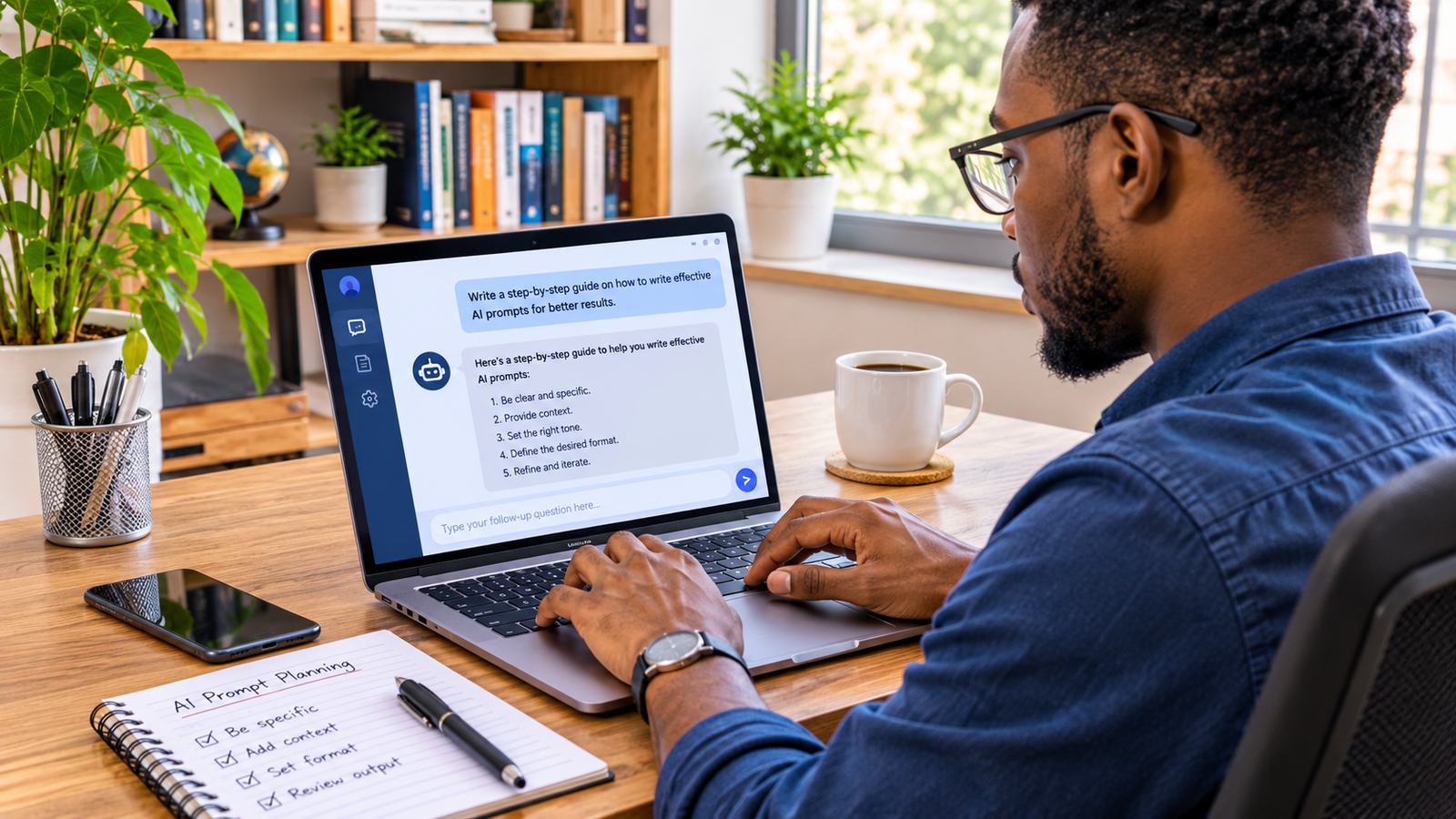 Effective AI prompts being written on a laptop by a content creator in a modern workspace.