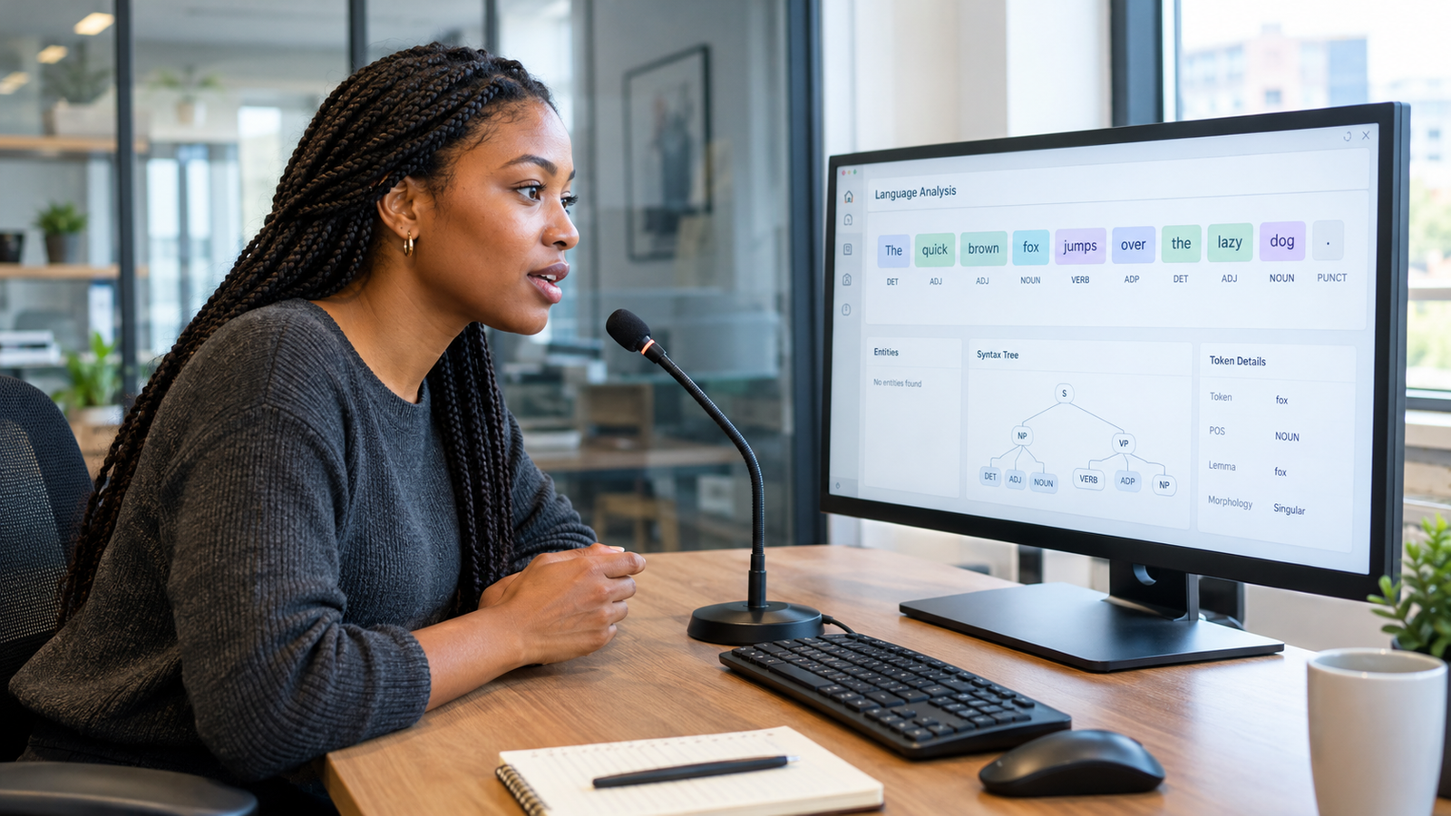 Natural language processing showing how AI understands human language through a professional using a computer and microphone.