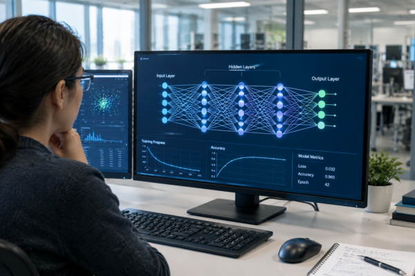 Neural networks displayed on a computer monitor in an artificial intelligence research laboratory