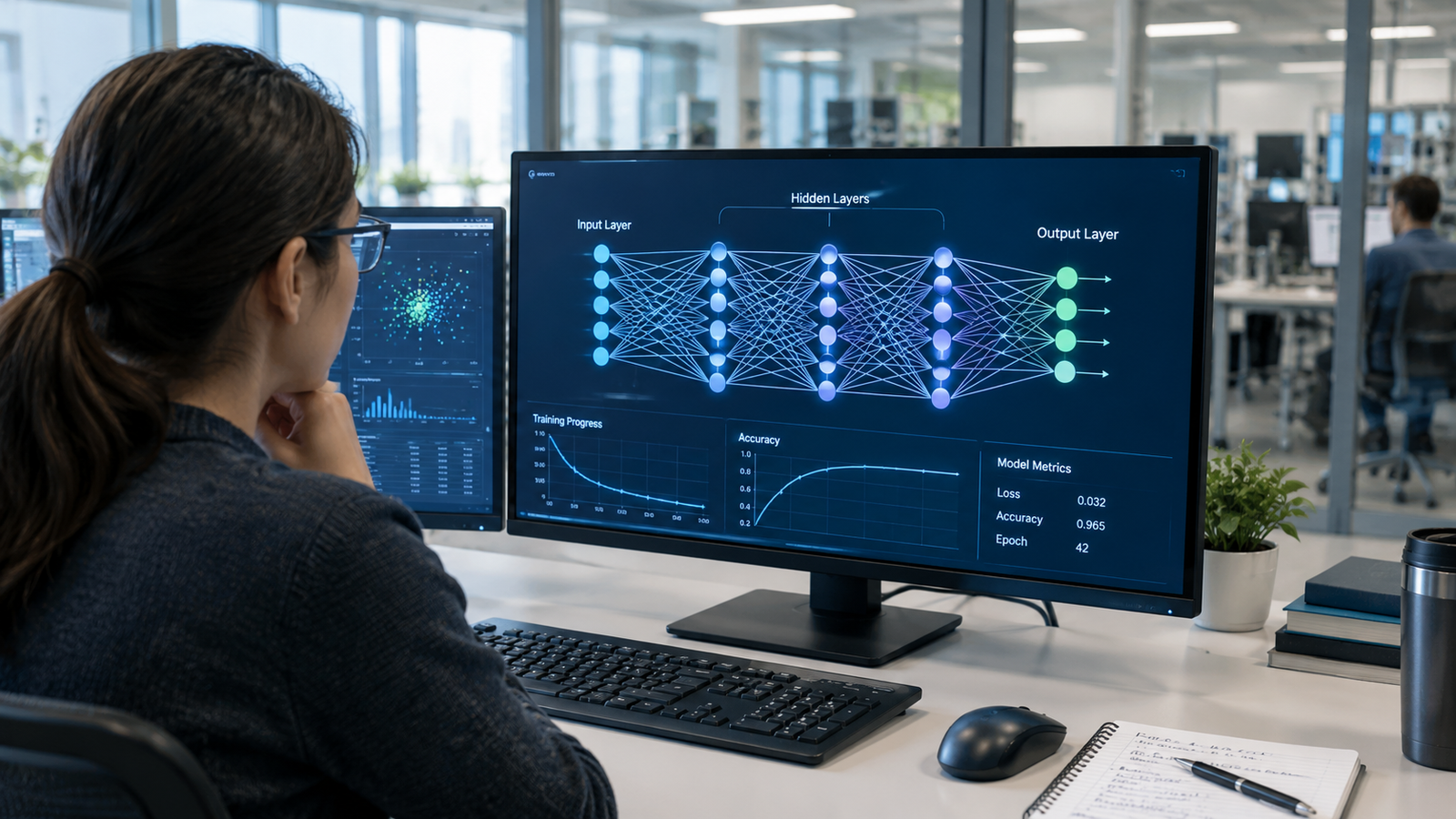 Neural networks displayed on a computer monitor in an artificial intelligence research laboratory