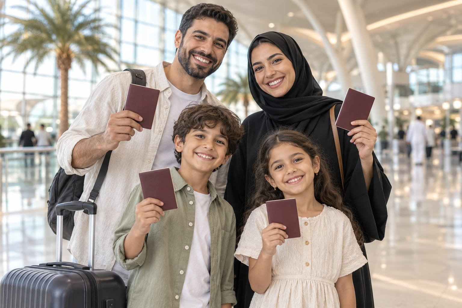 UAE family visa cost - family with passports at a UAE airport