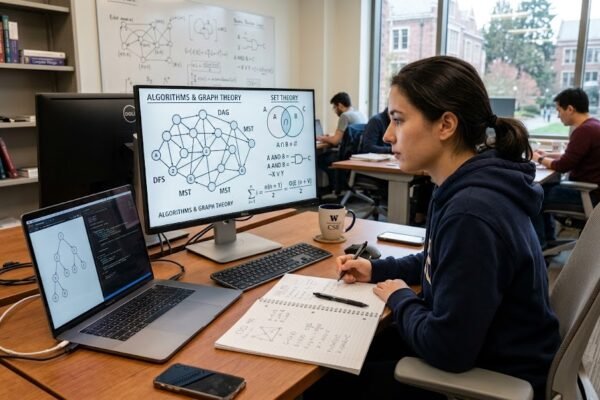 Computer science workspace illustrating discrete structures, graphs, sets and logic