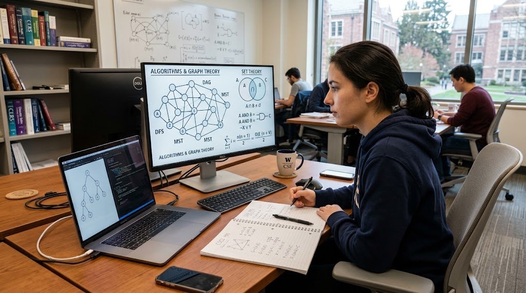 Computer science workspace illustrating discrete structures, graphs, sets and logic