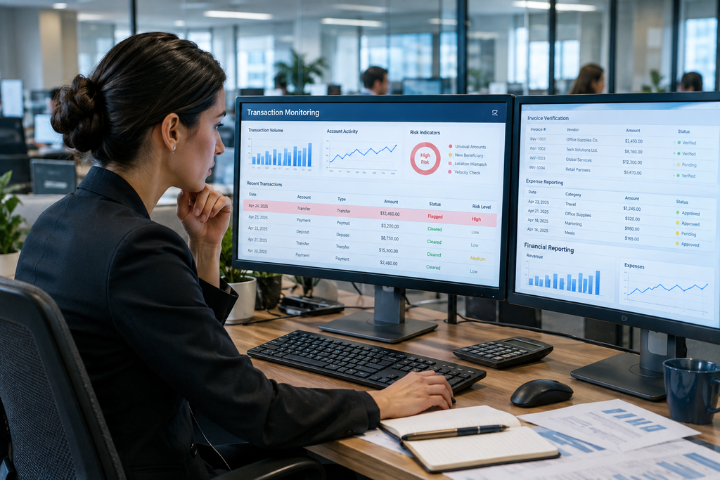 Financial analyst reviewing AI-assisted fraud detection and transaction monitoring