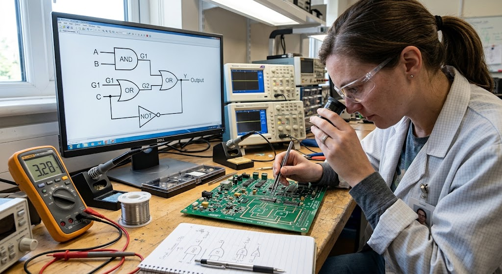 Digital circuits and logic gates demonstrating mathematical logic in computer hardware