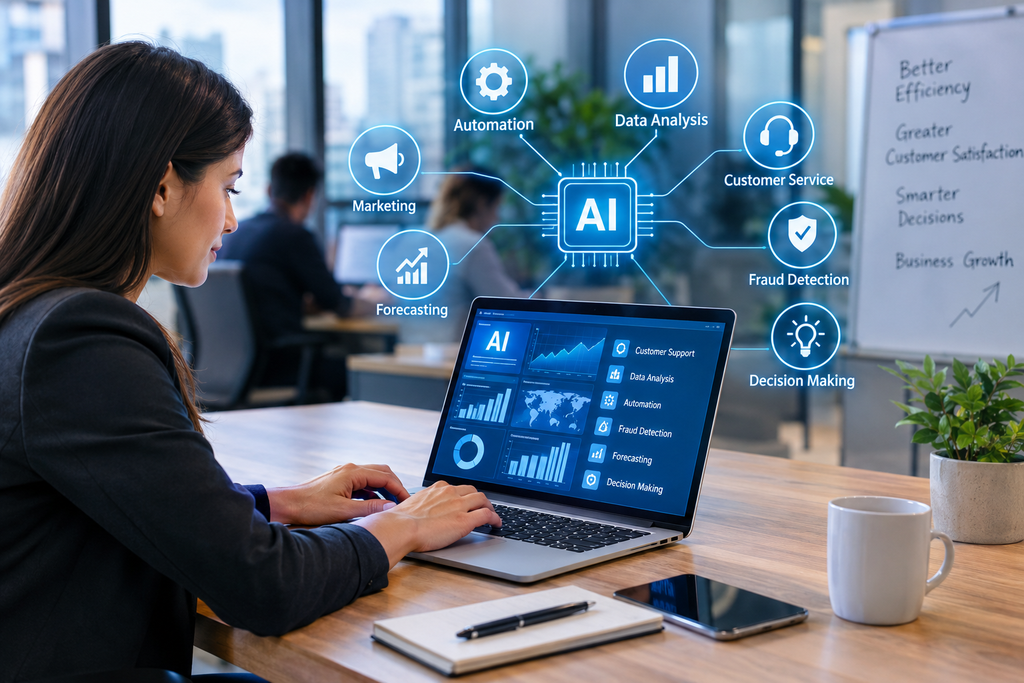 Business professionals reviewing AI recommendations with human oversight and verified data